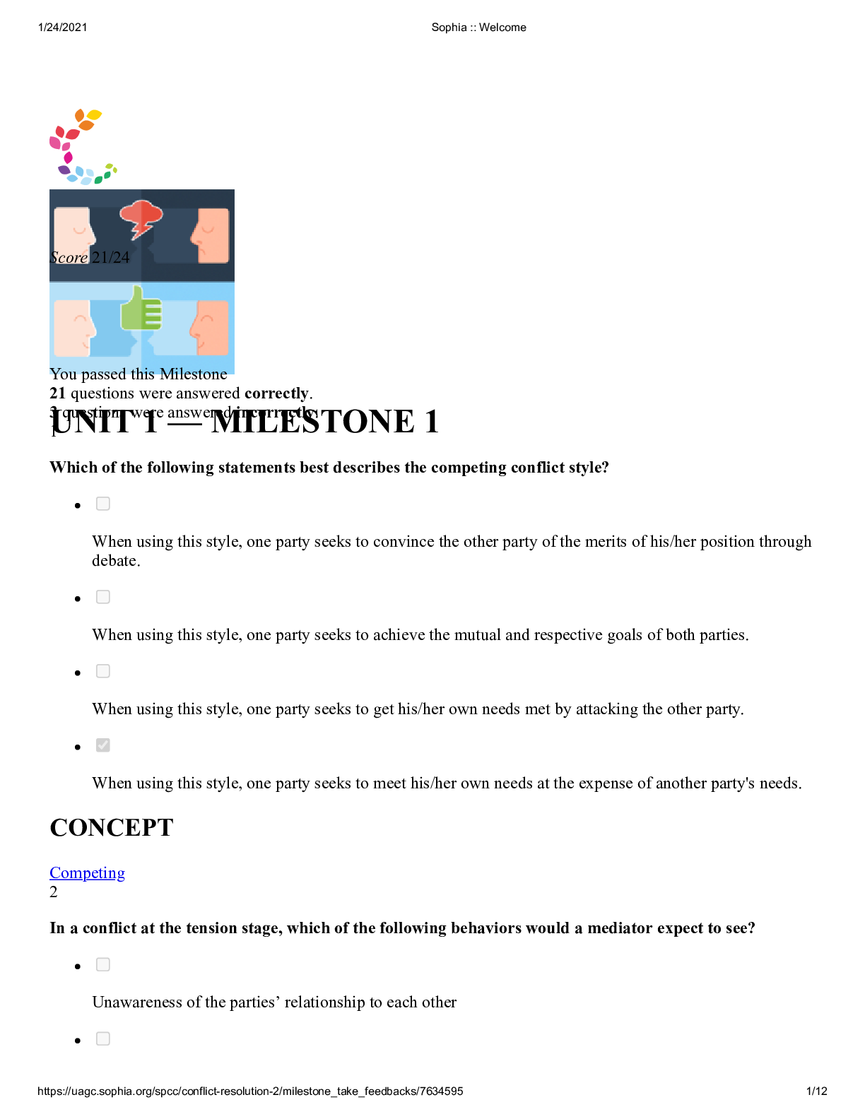 Preview image for Sophia Conflict Resolution Milestone 1, Exam Elaborations Questions with Complete Answers